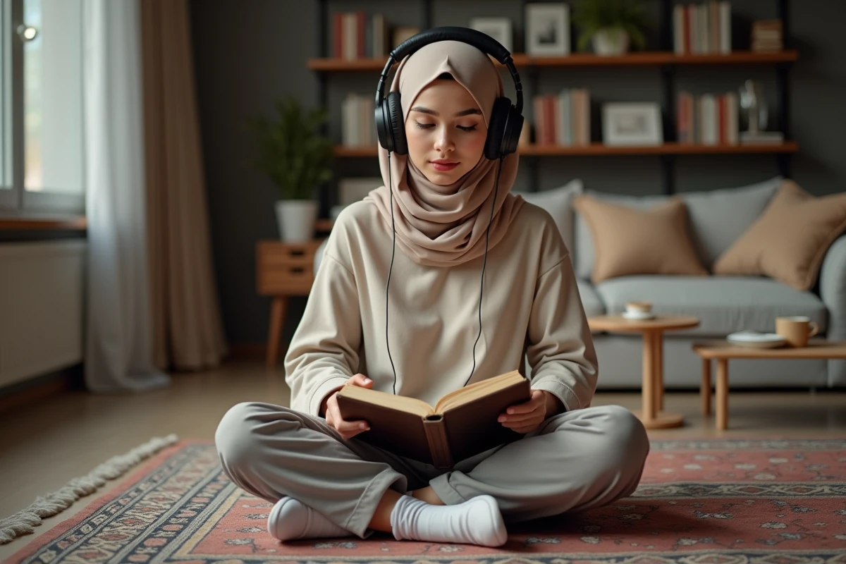 Jeune femme en hijab écoute le Quran avec concentration