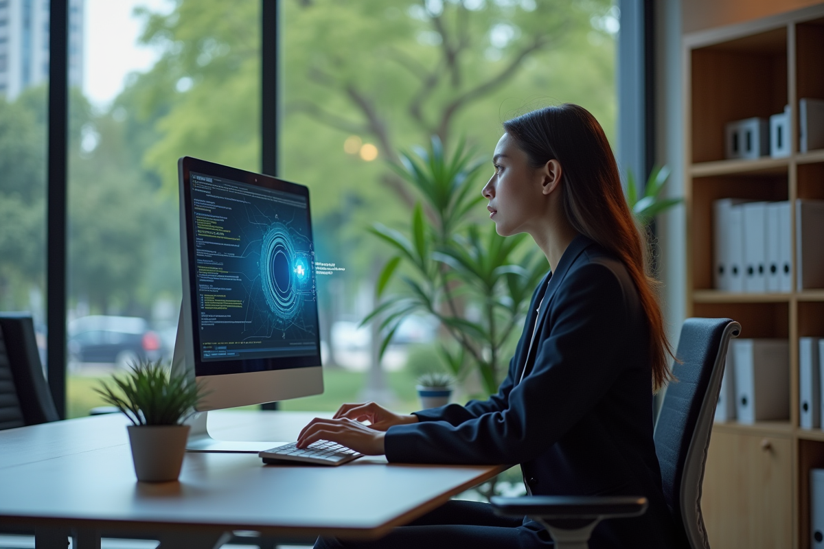 Jeune femme IT vérifiant un bouclier de confidentialité numérique
