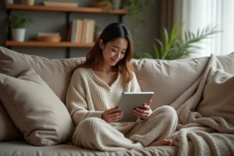 Jeune femme lisant manga sur tablette dans un salon cosy