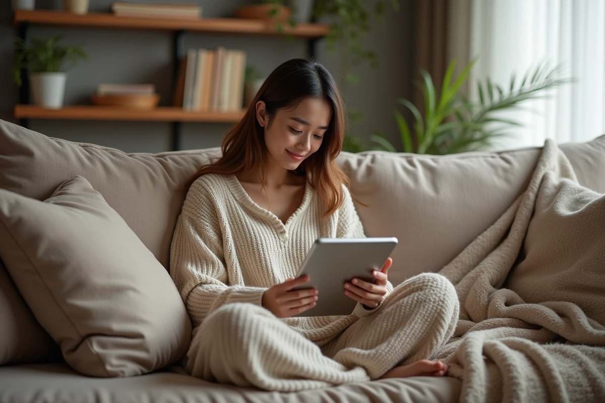 Jeune femme lisant manga sur tablette dans un salon cosy
