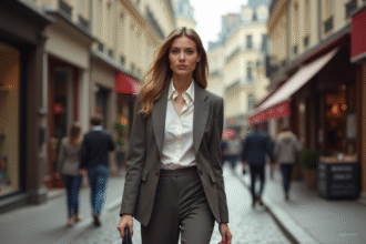 Jeune femme élégante marchant dans une rue parisienne