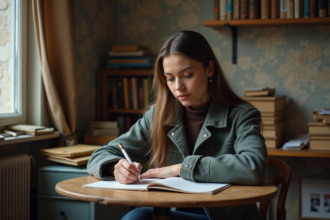 Jeune femme concentrée à écrire dans un cahier dans un appartement chaleureux