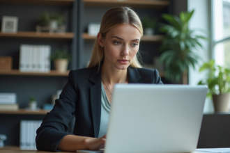 Jeune femme concentrée utilisant un ordinateur avec interface AI