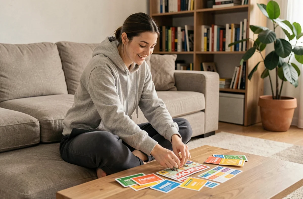 Jeune femme organisant ses pièces Monopoly et bons de récompense gagnés grâce à ses achats quotidiens