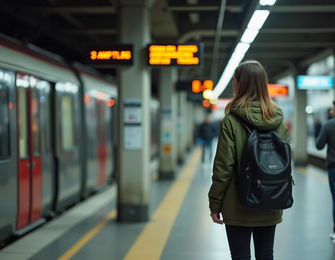 Jeune femme sur un quai de RER en banlieue parisienne consultant les informations de zone et de tarif
