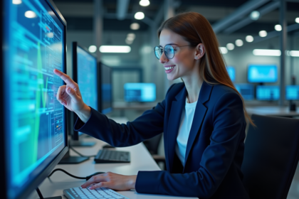 Jeune femme informaticienne interagissant avec un ordinateur quantique