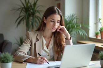 Jeune femme met à jour son CV sur un ordinateur dans un bureau moderne