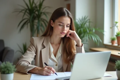 Jeune femme met à jour son CV sur un ordinateur dans un bureau moderne