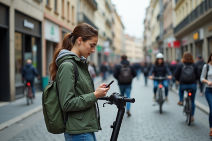 Jeune femme déverrouillant un scooter électrique en ville