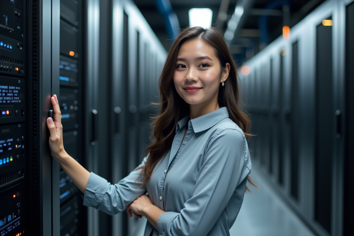 Jeune femme dans un centre de données avec racks de serveurs