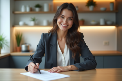 Jeune femme souriante signant un contrat de location dans une cuisine lumineuse