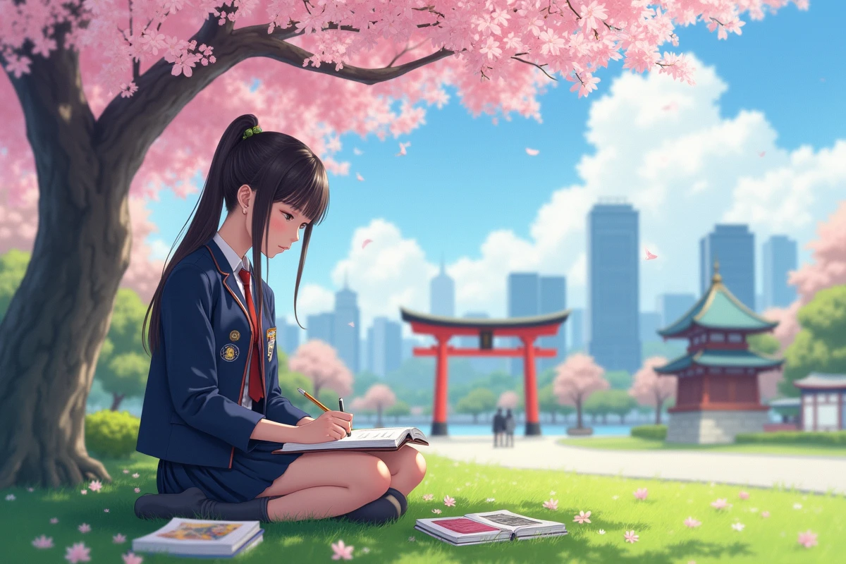 Adolescente japonaise dessinant sous un cerisier en fleurs