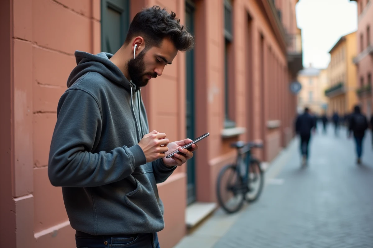 Jeune homme vérifiant l'heure de prière sur son téléphone dans une rue de Toulouse