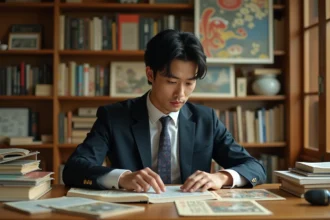 Jeune homme japonais en costume moderne et kimono regardant un manga