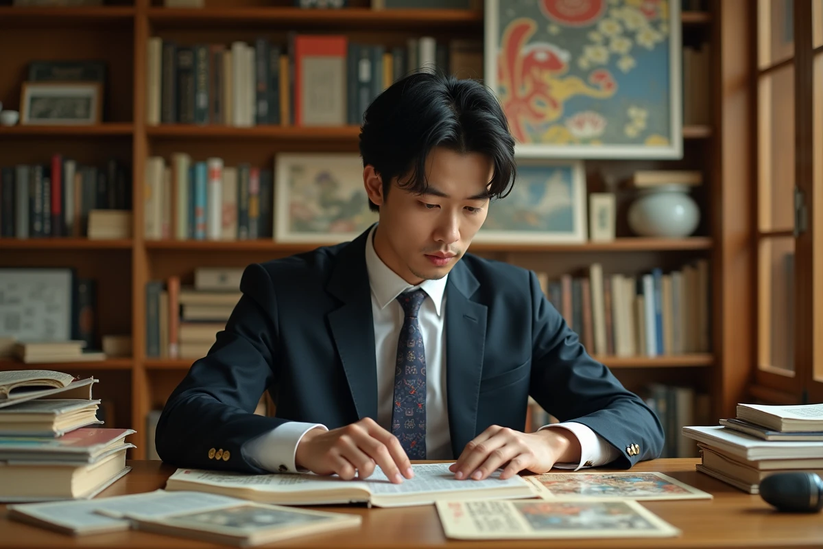 Jeune homme japonais en costume moderne et kimono regardant un manga