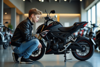 Jeune homme inspectant une moto 50cc dans un showroom moderne