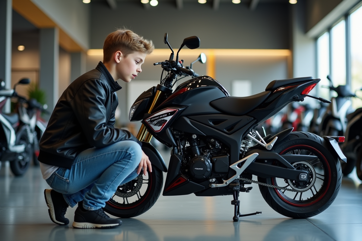Jeune homme inspectant une moto 50cc dans un showroom moderne