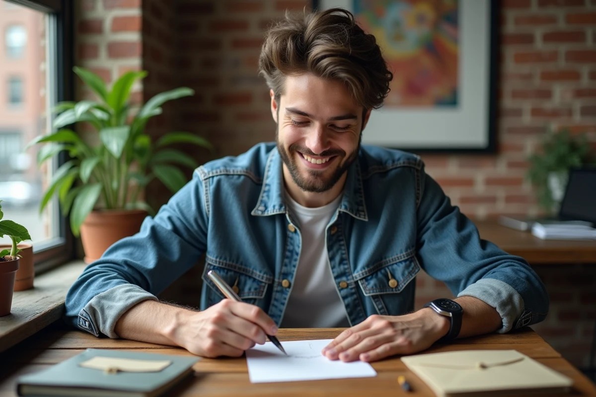 Jeune homme pressant un timbre sur une lettre dans son appartement