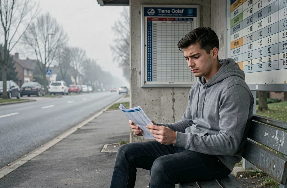 Jeune homme assis à un terminus de bus tenant un horaire papier et regardant la route, illustrant le doute entre horaires théoriques et passage réel du bus 323