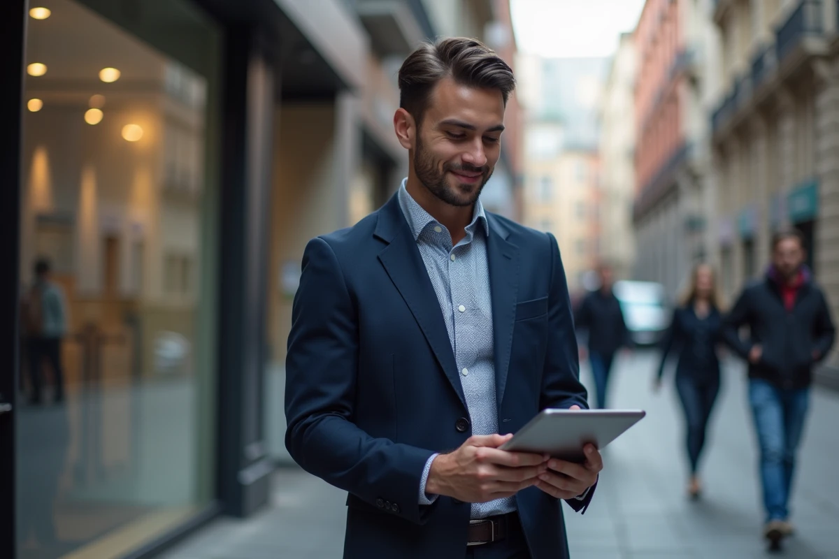 Jeune homme en ville avec tablette et blazer bleu
