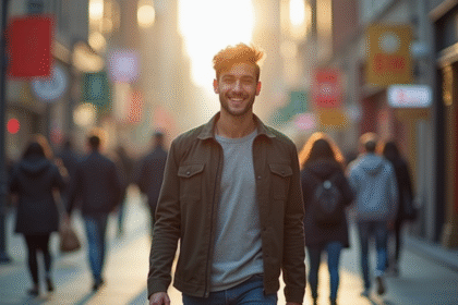 Jeune personne confiante marchant en ville en plein jour