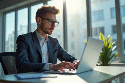 Jeune professionnel travaillant à Caen devant un ordinateur