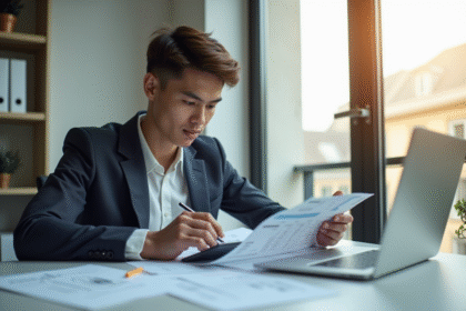 Jeune professionnel analysant une fiche de paie au bureau