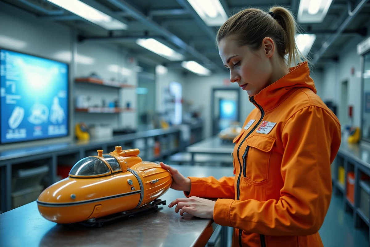 Jeune scientifique en combinaison orange avec modèle de sous-marin