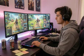 Jeune joueur de jeu vidéo battle royale devant ses écrans affichant Fortnite, ambiance setup gaming moderne
