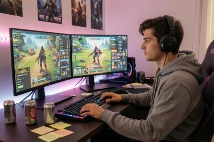 Jeune joueur de jeu vidéo battle royale devant ses écrans affichant Fortnite, ambiance setup gaming moderne