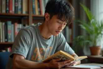 Jeune homme lisant un manga One Piece assis à son bureau dans un appartement cosy