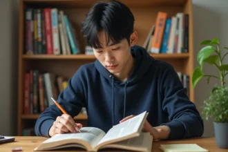 Jeune homme lisant un tome de manga One Piece en version originale japonaise à son bureau