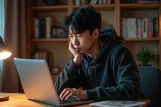 Jeune homme lisant des scans de manga sur un ordinateur portable dans une chambre cosy avec des étagères remplies de volumes manga