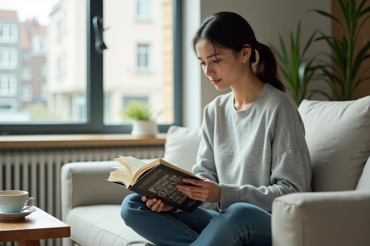 Jeune femme lisant un scan One Piece en version française traduite sur un canapé moderne