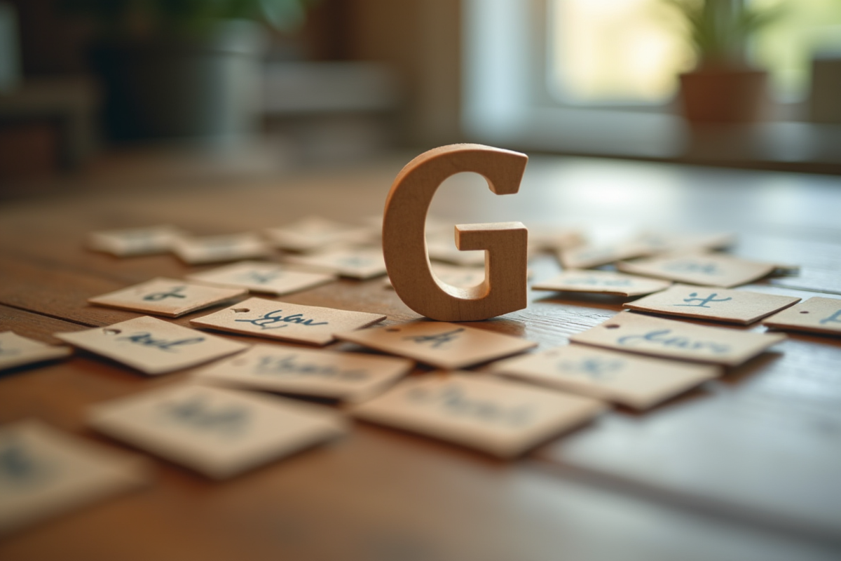 Lettres de l alphabet sur une table en bois avec G en focus