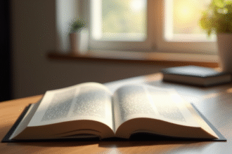 Livre de droit ouvert sur un bureau en bois avec lumière naturelle