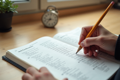 Livre de grammaire française ouvert sur un bureau lumineux