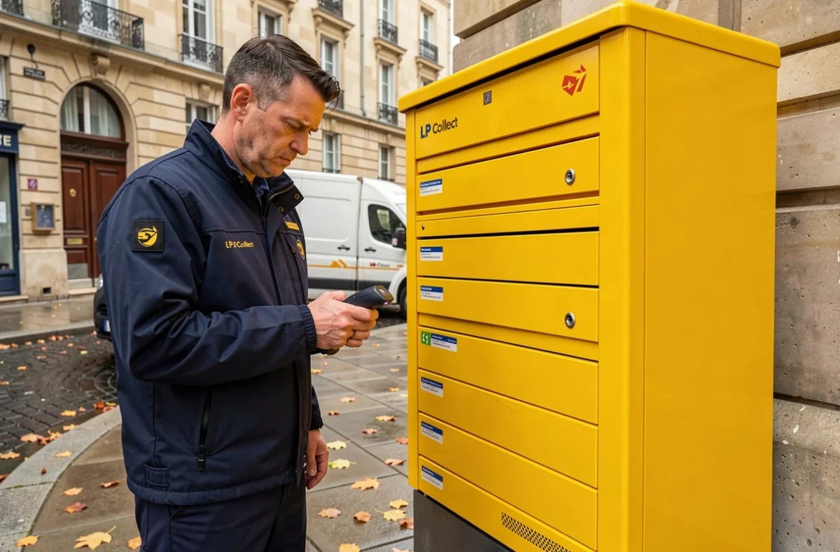 Agent de livraison devant un point relais LP Collect avec un lecteur de colis affichant une erreur de suivi