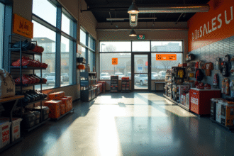 Magasin d'équipements sportifs presque vide avec panneaux de vente