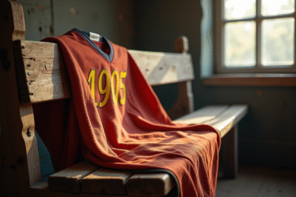Maillot de football ancien de 1905 sur banc en bois