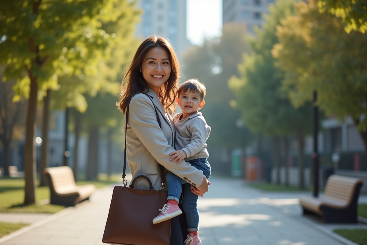 Maman souriante portant son enfant dans un parc urbain