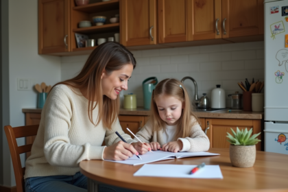 Femme aidant sa fille à faire ses devoirs à la maison