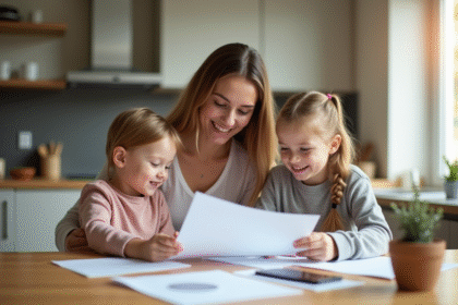 Maman et enfants examinant des documents à la maison
