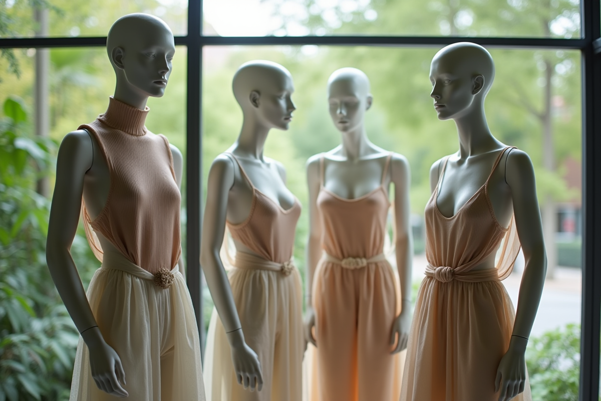 Mannequins portant des vêtements modernes en matériaux recyclés près d