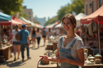 Marché aux puces en plein air avec clients souriants