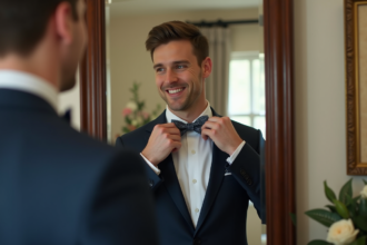 Jeune marié ajustant sa cravate en satin lors d'une séance photo