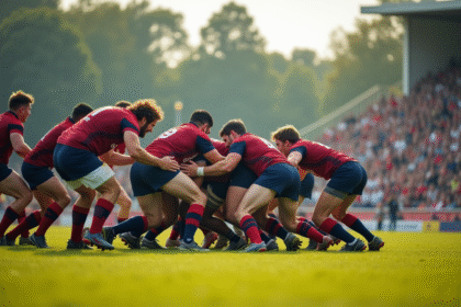 Match de rugby en pleine action sous le soleil avec mêlée dynamique