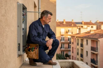 Électricien professionnel travaillant sur un tableau électrique extérieur à Montpellier avec architecture méditerranéenne en arrière-plan