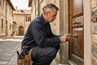 Serrurier professionnel intervenant en urgence devant une porte résidentielle dans la Vienne