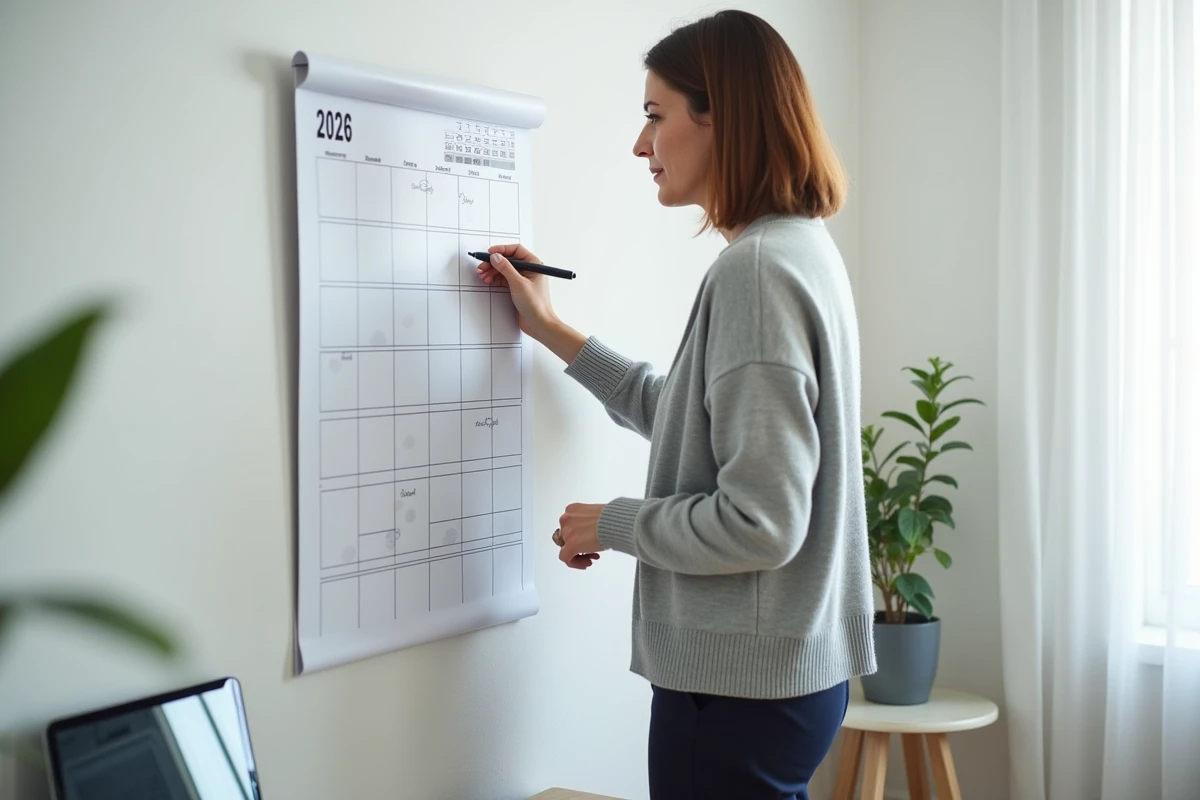 Mère planifiant les semaines paires et impaires 2026 sur un calendrier mural pour la garde alternée